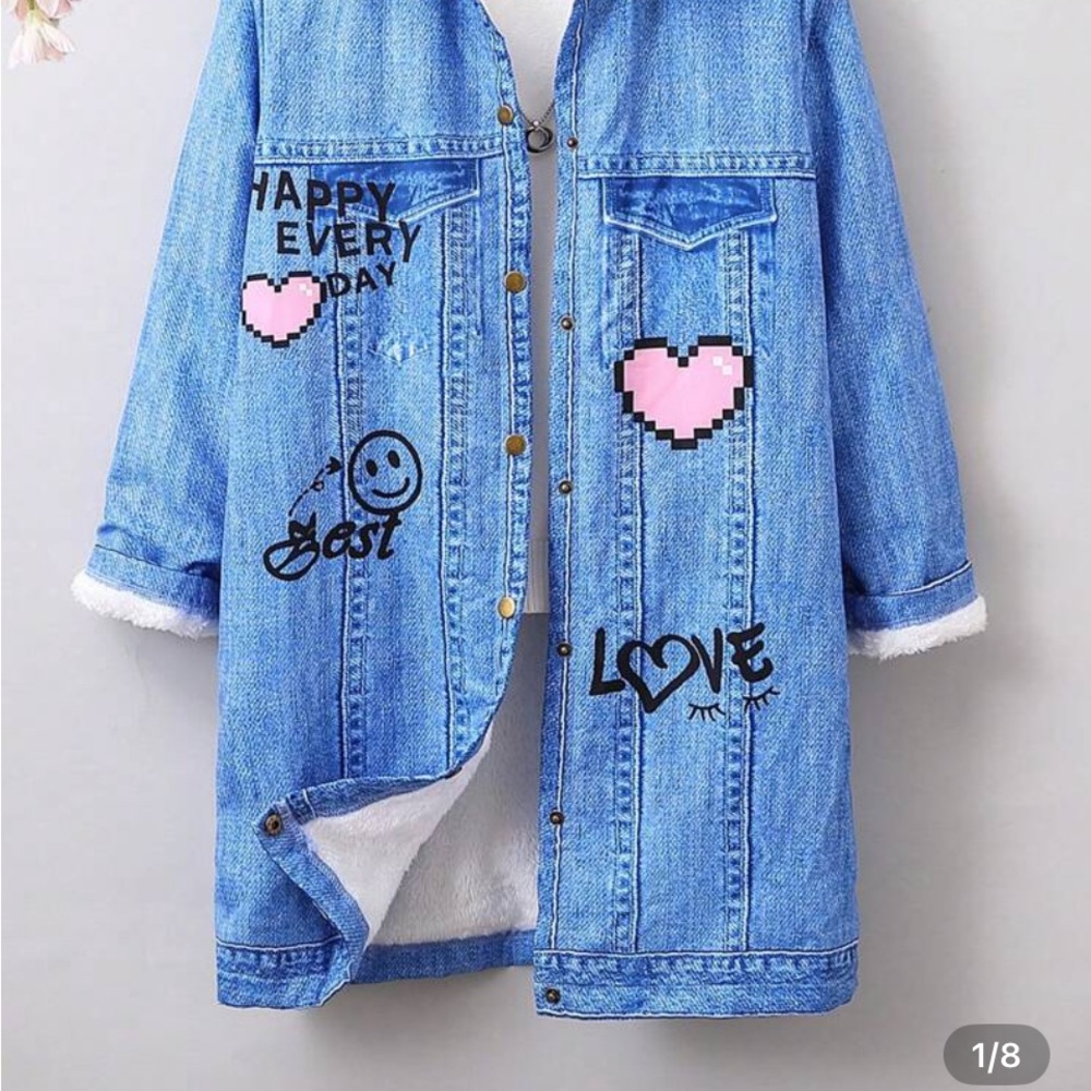 SHEIN Blue Jean Jacket with Heart and Love Graphics